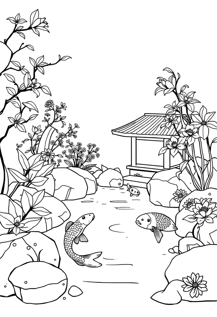 Zen Garden with Koi Fish coloring page, free printable