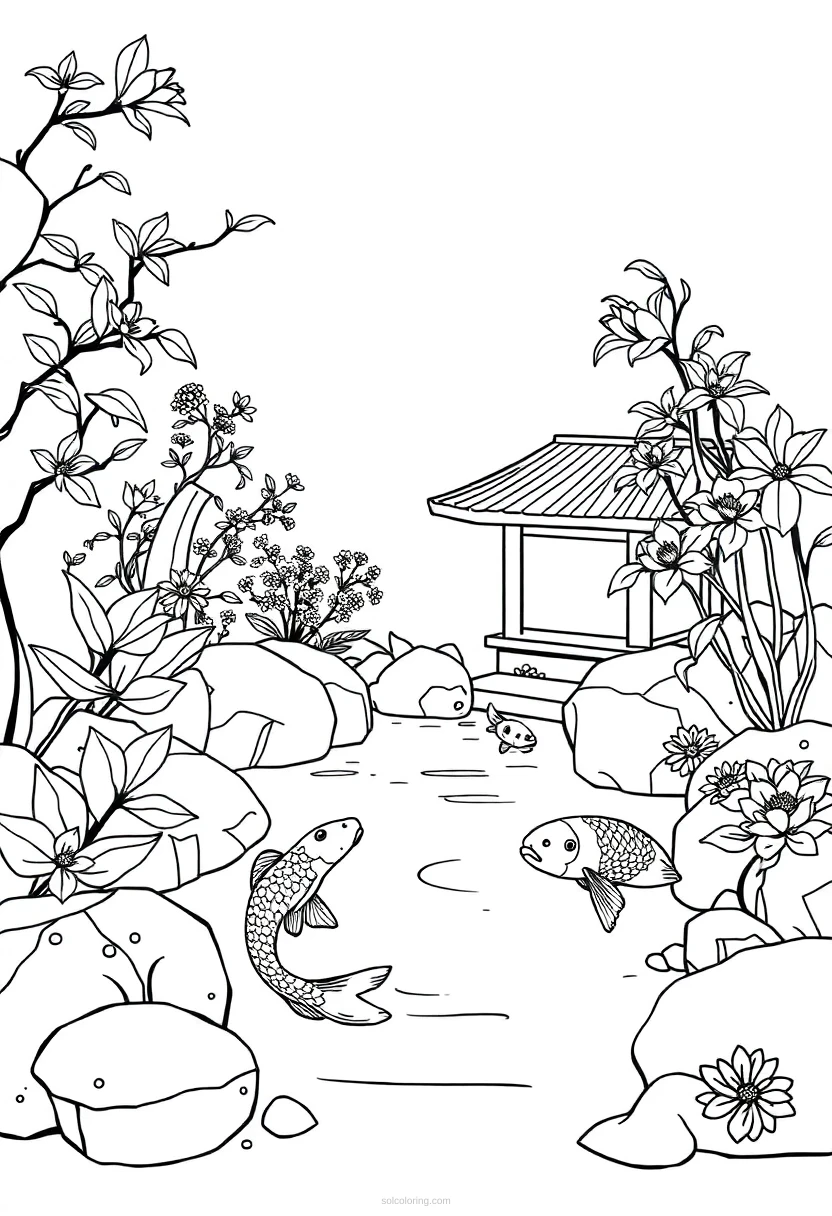 Zen Garden with Koi Fish coloring page for kids